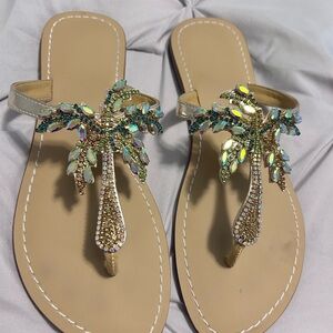 Embellished Palm Tree Sandals - Gold and Tan